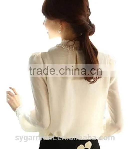 New Women Long Sleeve Render Unlined Upper Garment Sheer Lace Floral Chiffon Blouse White Pearl Collar Tops photo-2