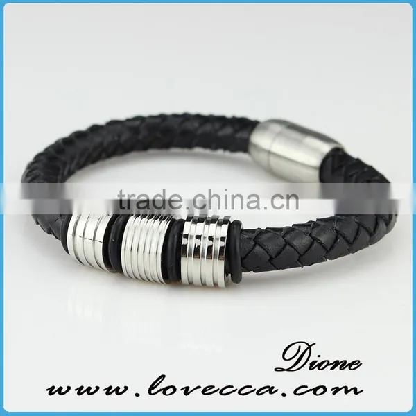 Silver Plated Stainless Steel Charms With Black Leather for Men Magnetic Bracelet photo-4