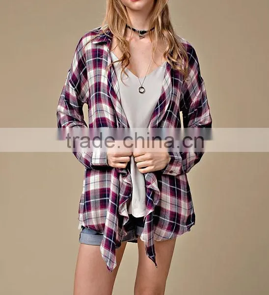 Western Style Europea Lady Hot Sale Spring Autumn Shirt Cardigan Open Front Plaid Button Up Style Casual Cardigan photo-2