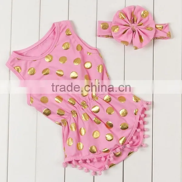 Popular Gold Dot Printed Kids Jumpsuit Harem Pompom Headbands Baby Sleeveless Romper photo-6