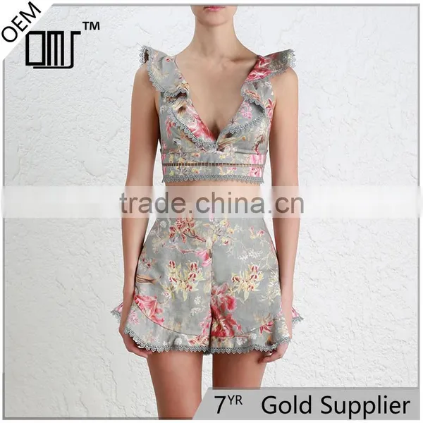 Retro Flutter Frill Crop Top and Lace Shorts Vintage Lady Garments