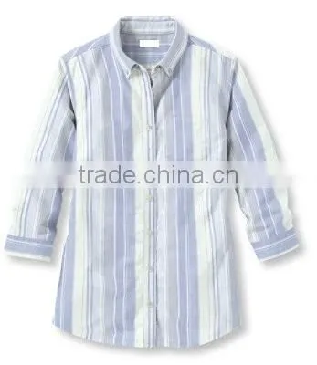2015 Easy Care Washed Oxford Shirt Three-Quarter-Sleeve Multi-Stripe Elegant Blouses for Ladies photo-4