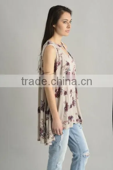 Custom Womens Floral Sleeveless Long Style Swing Tops,Fashion Cotton Printed Sleeveless Blouses For Women photo-3