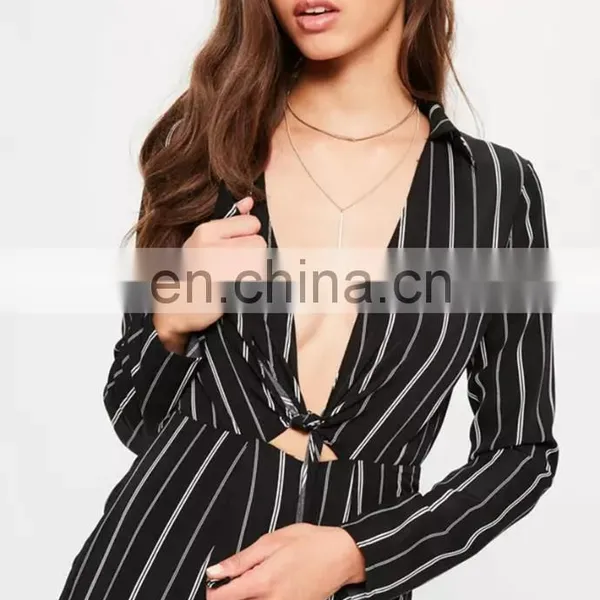 Black Striped Tie Front Shirt Ladies Jumpsuit photo-4
