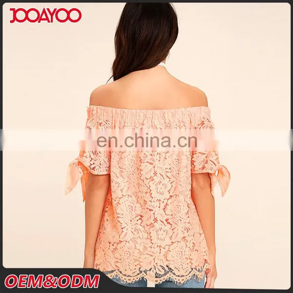 Women New Top Design Lovely Short Sleeve Off-the-Shoulder Peach Lace Top photo-2