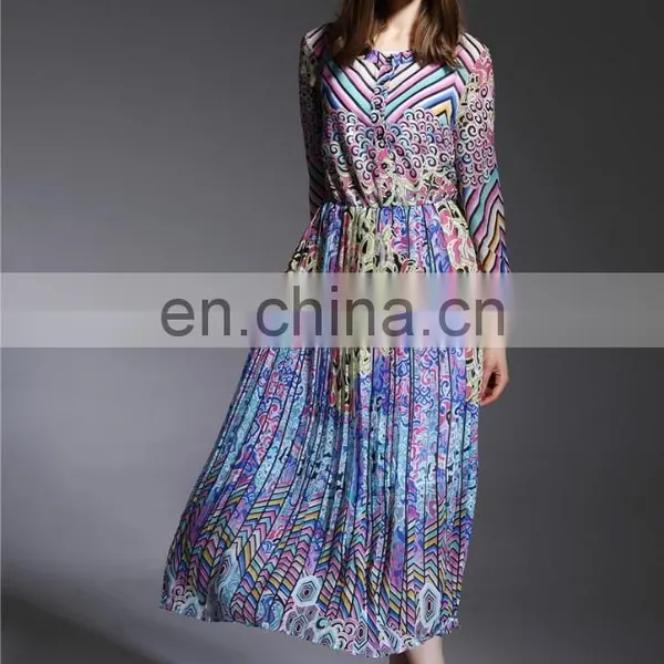 High Qualtiy Fashion Colorful Digital Printed 100% Silk Chiffon Long Sleeves Ladiyes Round Neck Maxi Dress
