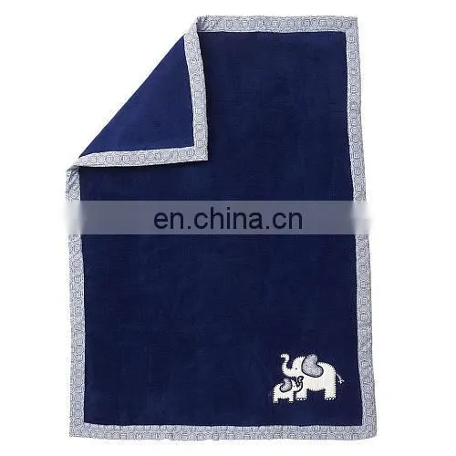 Navy Blue Double Ply Coral Fleece Fabric Selimut Jumbo Elephant Applique Bayi Blanket photo-2