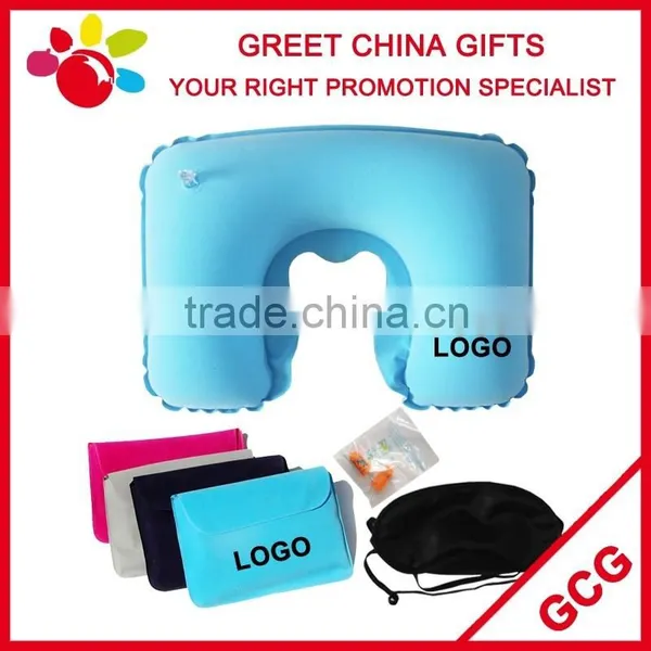 Promotional Folding U Shape Inflatable Travel Neck Pillow With Earplug and Eye Mask Travel Kit Set for Airplane, Train and Car