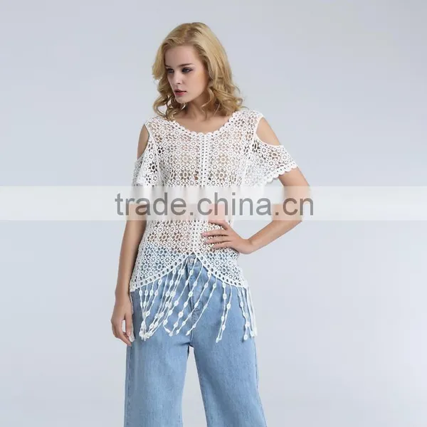 Hot Sale Ladies Crocheted Lace Blouse With Fringes