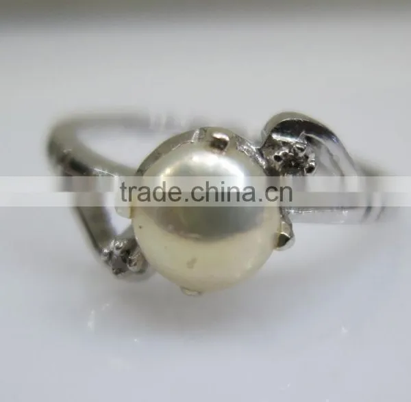 Sterling Silver Ring With Pearl & Diamond 2pc Natural Nontreated photo-2