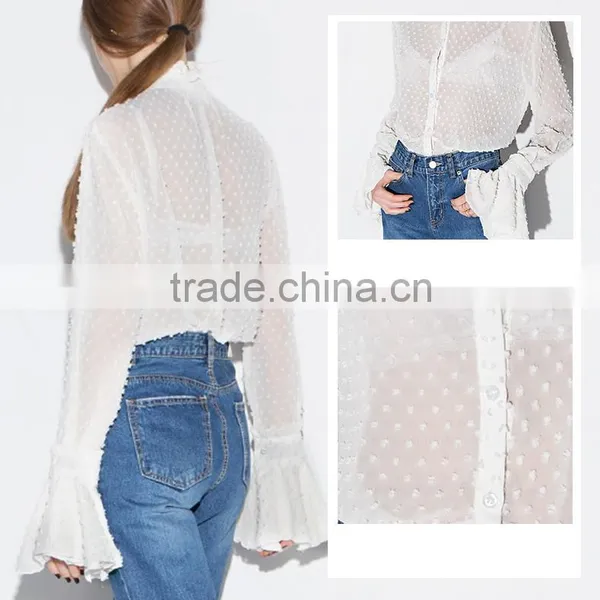 Lady's Long Sleeve Stand Collar Transparent Chiffon Blouse photo-4
