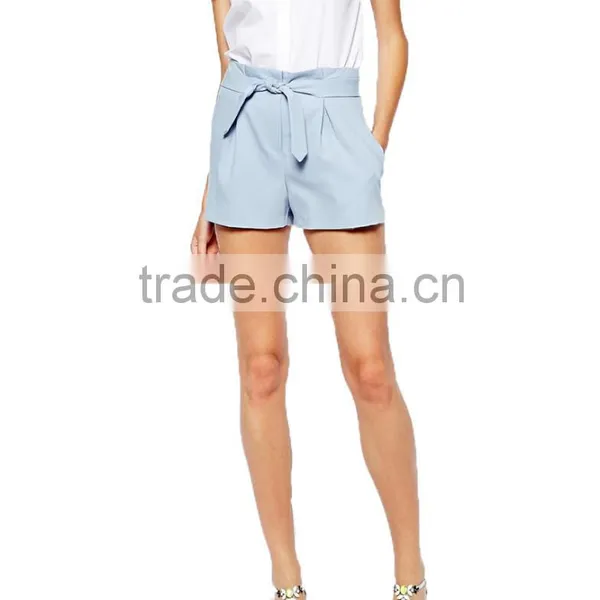 2014 China Supplier Pale Blue High-rise Shorts With Attached Tie Waist Belt Woman Sexy Teens Hot Pants Shorts photo-4
