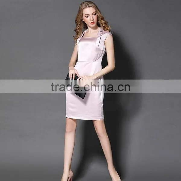 Maxnegio Notch Lapel Pink Color Cap Sleeve Office Dress photo-5