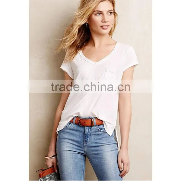 Women Knit White Cropped Tops V-neck Soft Cotton Blend Top Tee White T-shirts photo-3