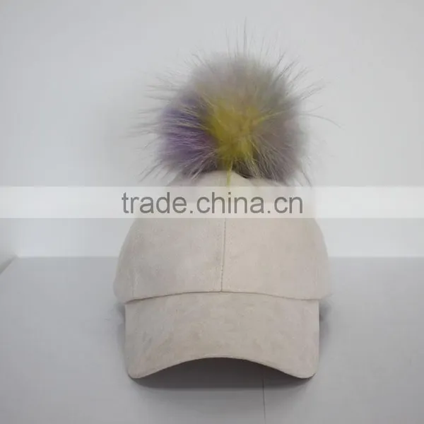 Myfur Man Suede Baseball Cap And Hat With Real Red Fox Fur Pom Puff photo-4