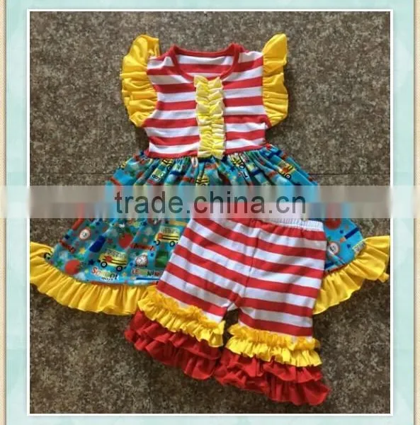 Back to School Boutique Outfit Flutter Sleeve and Bule Ruffle Short Pant Holiday Clothing Kids Sets photo-3