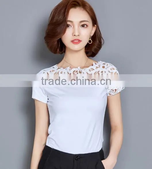 2017 New Design Sexy Women Tops Stitching Hollow Comfortable Women's Lace T-shirt photo-4