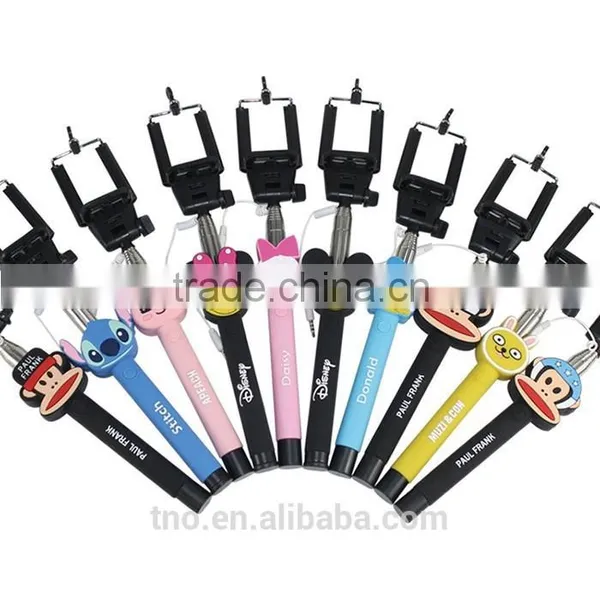 2015 New Products Cartoon Selfie Stick cc Monopod Selfie Stick With Cable