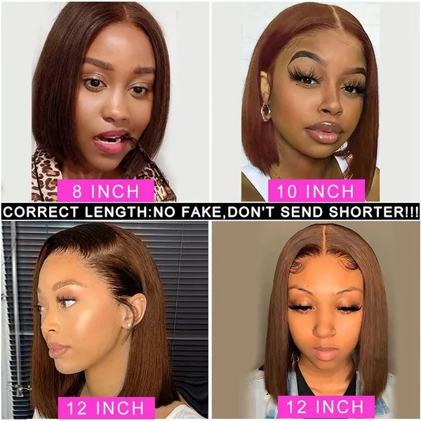 Chocolate Brown Lace Front Bob Wig #4 Dark Brown Brazilian Straight 13x4 Short Bob Human Hair Lace Frontal Wigs For Black Women photo-3