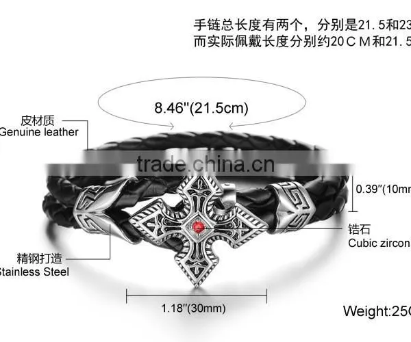 Genuine Cow Leather Weave Bracelets Titanium Steel Big Brand Vintga Antic Cross Man Bracelet photo-5