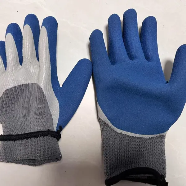 Thicked Grey Polyester 7 Gauge Knitted White Smooth Latex and Blue Foamed Sandy Latex Palm Double Coated Safety Work Gloves photo-3