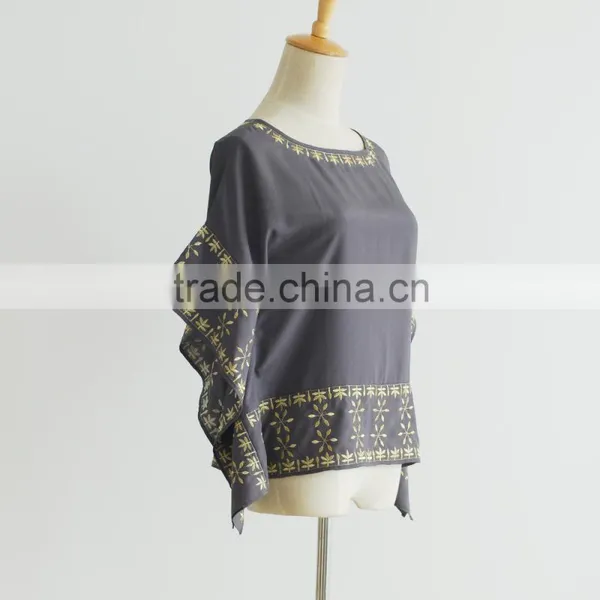 Kaftan Style Dolman Sleeve Metallic Yarn Embroider Short Silk Blouse photo-4