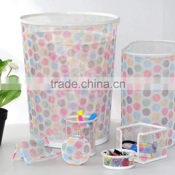 Office Stationery Metal Mesh Round Waste Bin Colorful Printed Pattern Trash Can photo-3