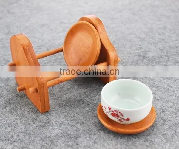 Tea Round Bamboo Wood Trivet Coaster Placemat Tool Set With Holder Rack photo-2