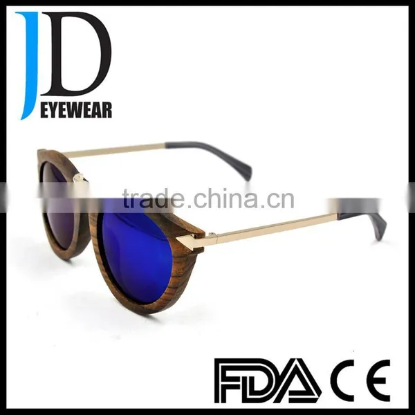Hipster Style Old Color Natural Solid Wood Round Sunglasses With Blue Lens photo-2