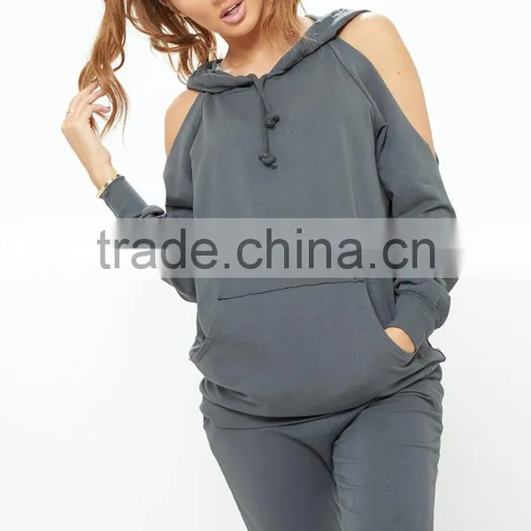 Fashion New Design Sports Sets Cold Shoulder Tops Drawstring Waist Cotton Knit Loungewear High Quality Tracksuits For Adult photo-3