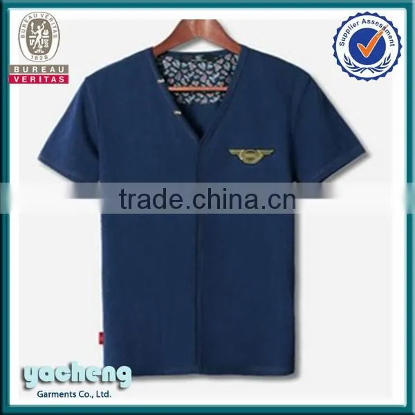 Plain Dyed Custom High Quality Embroidery Cotton Men V-neck T-shirt