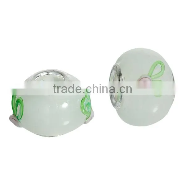 Round Silver Plated Core Light Green Flower Pattern Enamel European Style Large Hole 10mm Lampwork Glass Beads photo-3