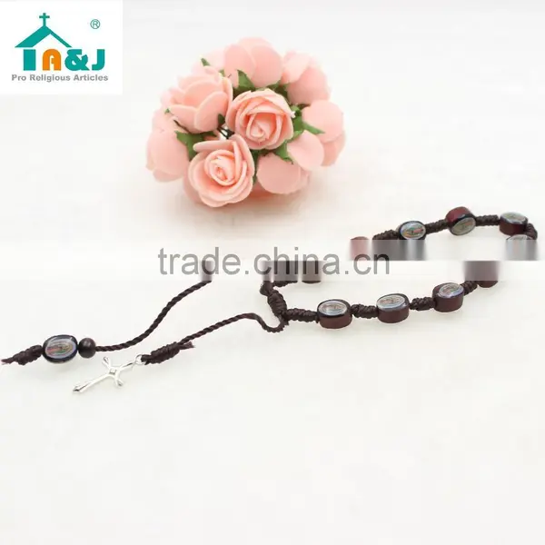 Saint Image Wooden Beads Rosary Bracelet With Cross photo-2