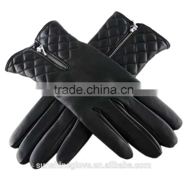 Quilted Cashmere Lining Leather Zipper Gloves