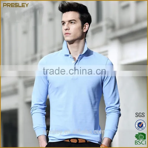 Presley Oem Wholesale Custom Cotton Light Blue Long Sleeve Mens Polo Shirt photo-3