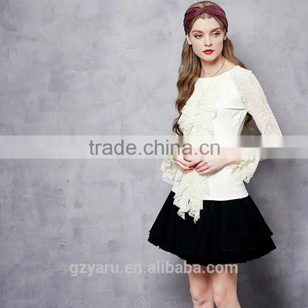 Teen Girls Lace Splicing Elastic Slim Tops Ladies Ruffles Round Neck Shirt for Women Soft Basic Shirt Tops in Autumn Spring photo-2