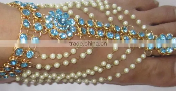 GOLD Tone TURQUOISE BLUE STONE Pearl PAYAL Anklets Toe Ring Barefoot Sandal photo-4