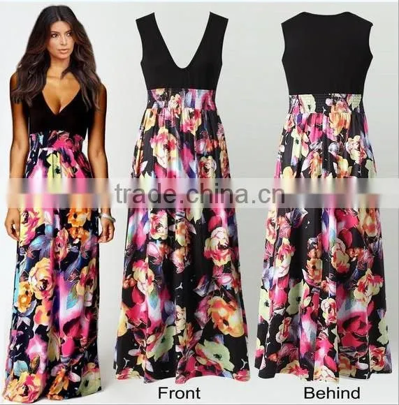2016 NEW Fashion Print Floral Dress Deep V-neck Sleeveless Maxi Dress photo-3