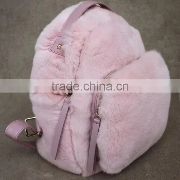 Myfur Baby Pink Girls Real Rabbit Fur Trim Leather Backpack Bag Wholesale photo-2