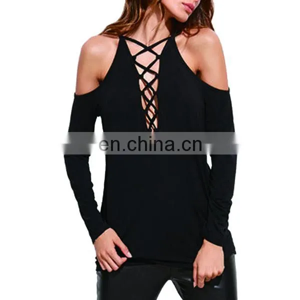 Black Lace Up Women T-shirts Wholesale Cold Shoulder Fashion Tops photo-4
