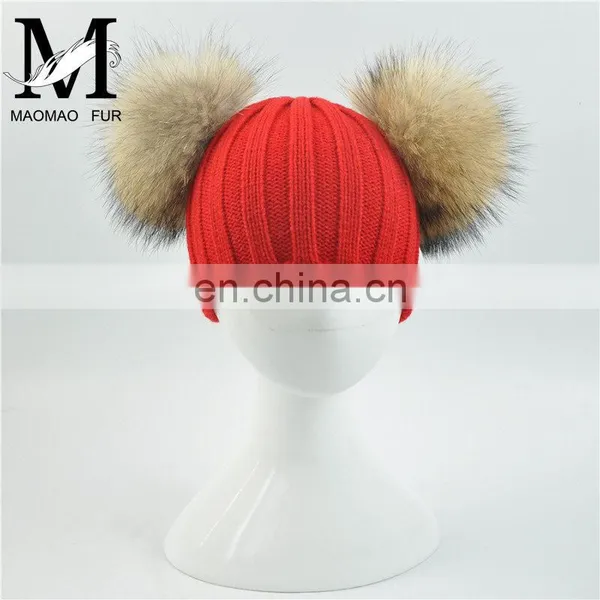Wholesale Fashion Cheap Kids Knitted Hats Real Fur Two Poms Kids Hat Winter photo-5