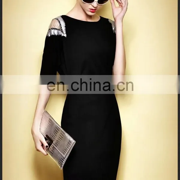 Sexy Lady High Quality Knitted Shift Dress With Sliver Belt and Short Sleeves