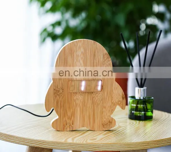 Eco Friendly Animal Penguin Shape Table Top Bamboo Electronic LCD Digital Alarm Clock photo-2