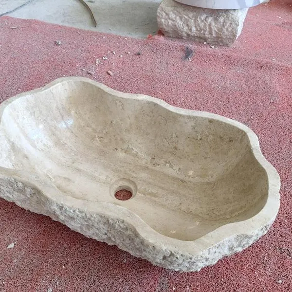 Luxury Natural Travertine and Marble Countertop Wash Basin Sink Minimalist Design Hotel Bathroom Vanity Furniture photo-4