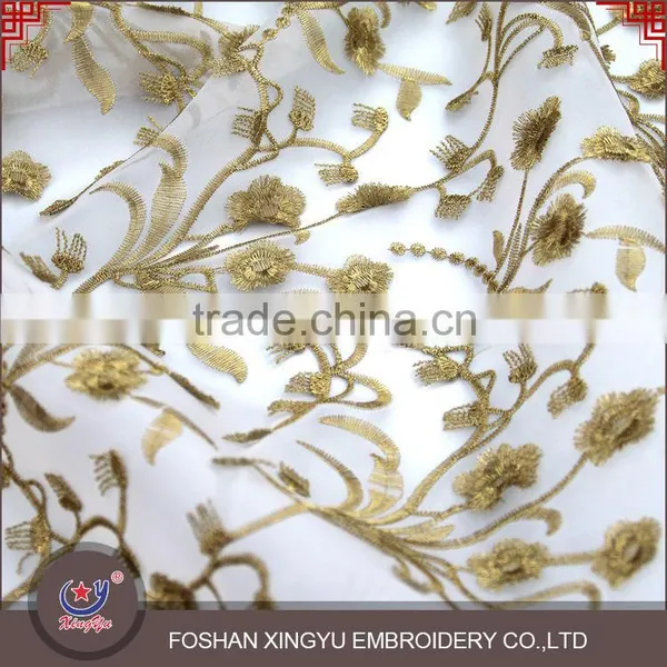 East Fashion Organza Water Soluble Lace Embroidery Fabric on Chiffon With Gold Thread for Dress photo-3