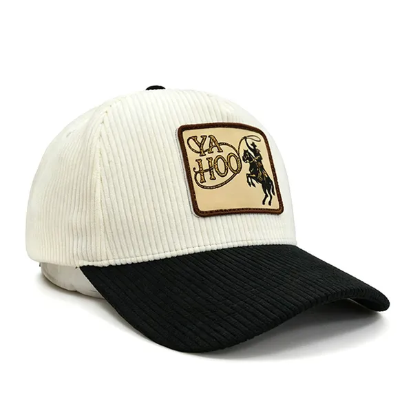 Western Cowboy Vibe YAHOO Lasso Leather Patch Cream Black Corduroy 5 Panel Hat photo-4