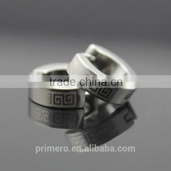 Classic 316L Stainless Steel Small Huggie Hoop Men Great Wall Pattern Silver Black Earrings photo-2