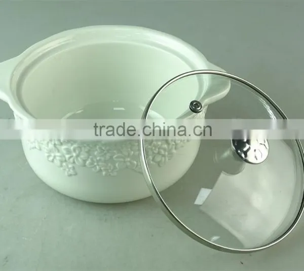 Cream Ceramic Flower Embossing Soup Tureen With Glass Cover/lid in Stock for Home Use photo-2