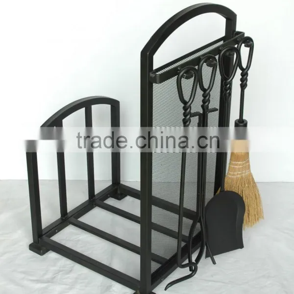5 Piece Matte Black Hearth Center, Log Rack With Fireplace Tools