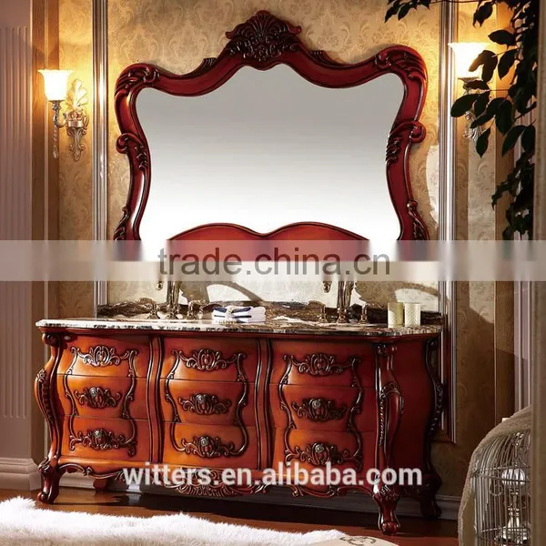 WTS-8021A French Double Ceramics Sink Rubber Solid Wood Bathroom Vanity Cabinets With Matching Mirror photo-5